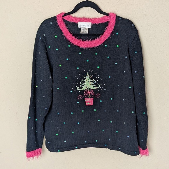 Vintage Mandal Bay Christmas Sweater XL Black Sequin Dot Pink Trim Ugly Xmas - Picture 1 of 8